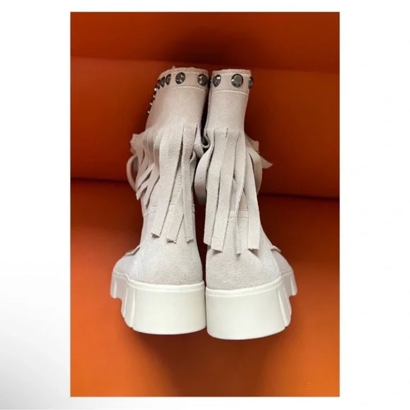 New! GEOX Ghoula Fringe Studded Suede Platform Booties in Taupe - Picture 11 of 13